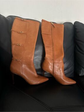 Lauren Ralph Lauren Cognac Leather Knee High Stiletto Boots Triple Buckle Sz 8.5